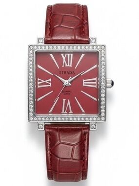 Red Crystal Bezel Square Watch Roman Numeral Faux Leather Strap NIB